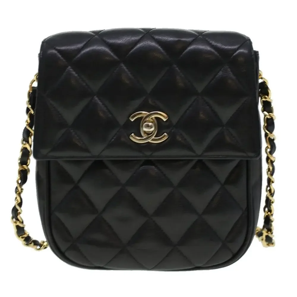 Chanel Matelasse Lambskin Turn Lock Chain Shoulder Bag Black